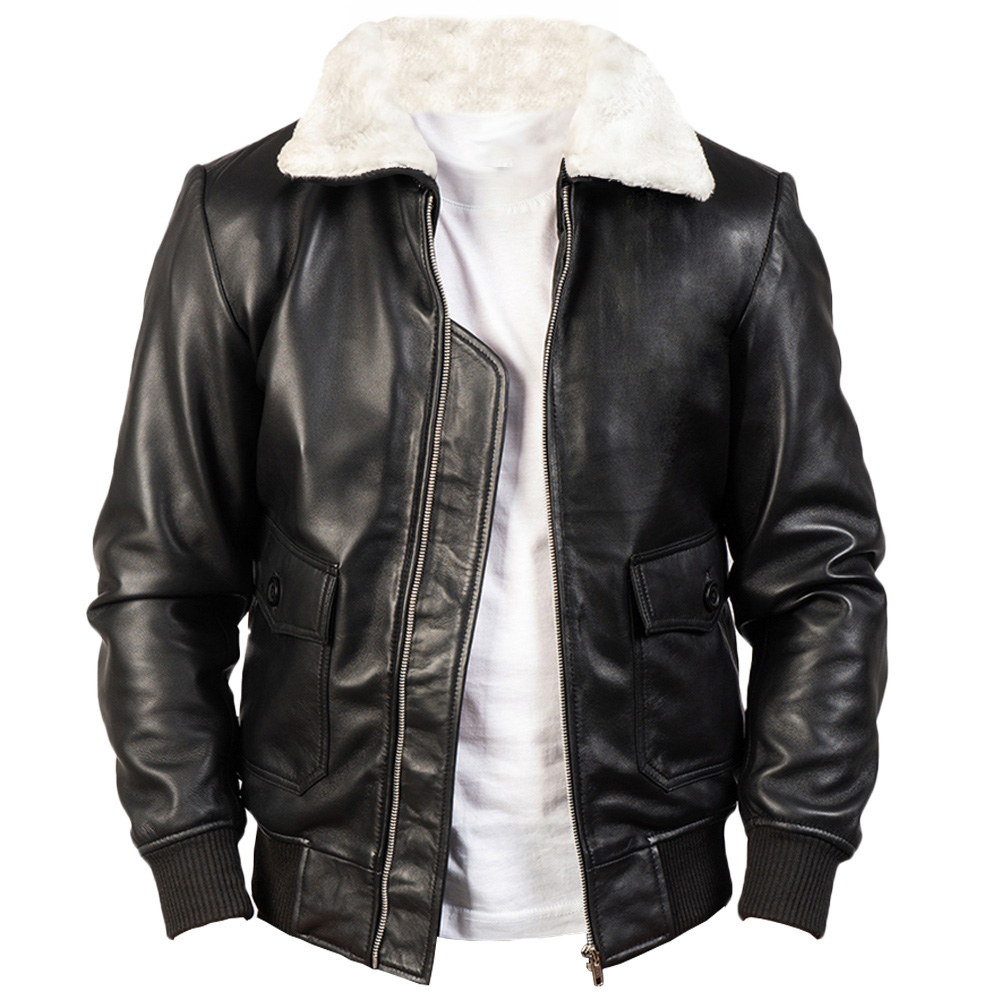 Black sheepskin leather jacket with fur collar - front view