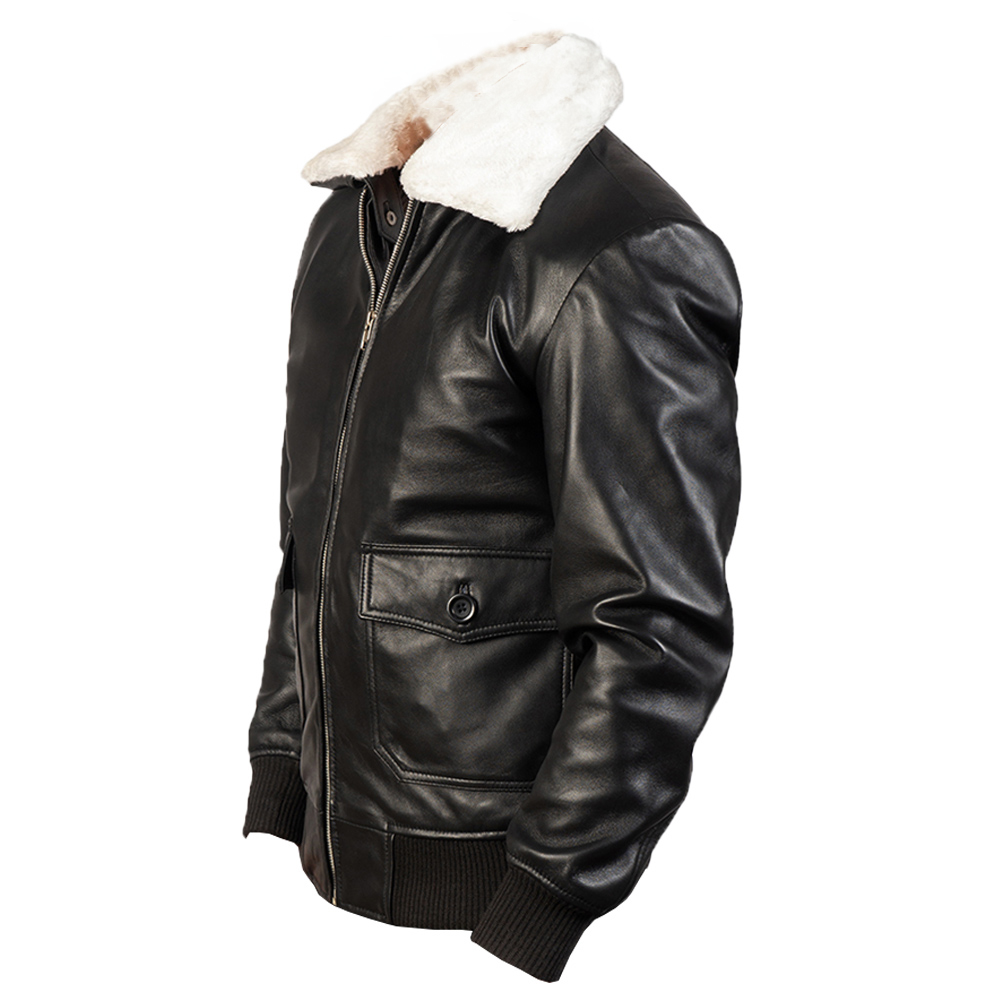 Black sheepskin leather jacket with fur collar - side view