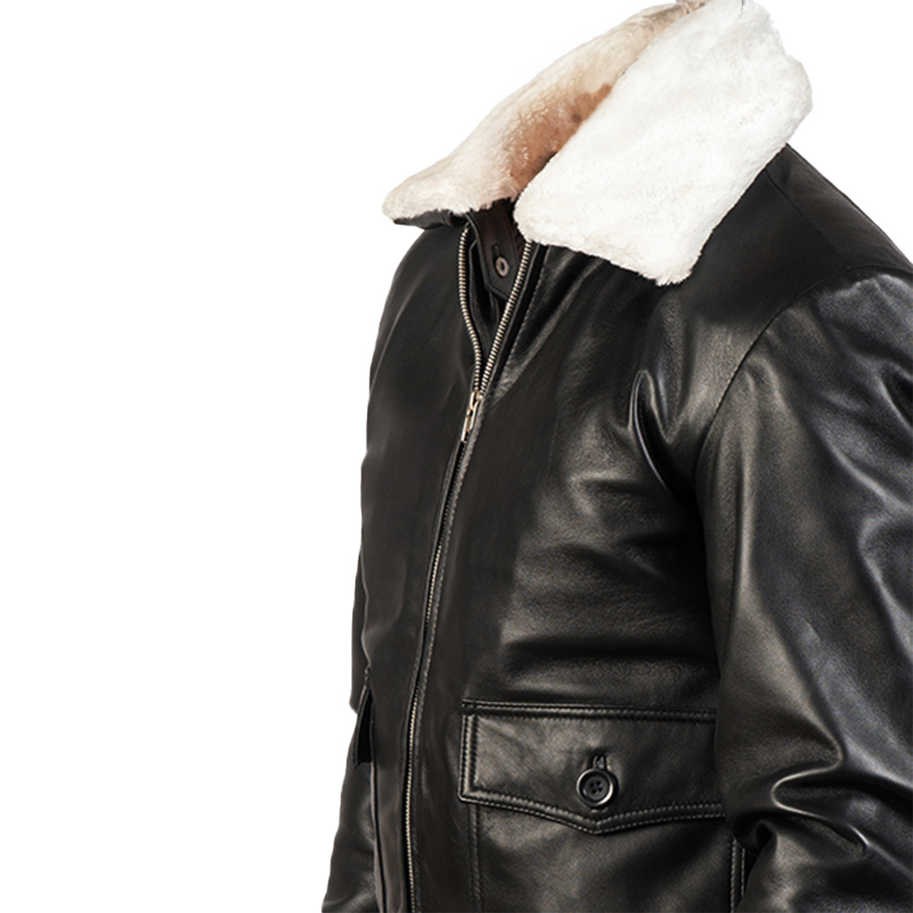 Black sheepskin leather jacket with fur collar - side view