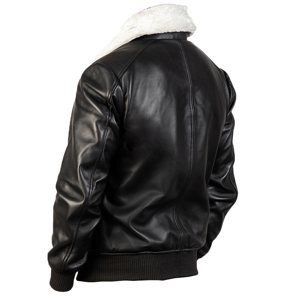 Black sheepskin leather jacket with fur collar - back view