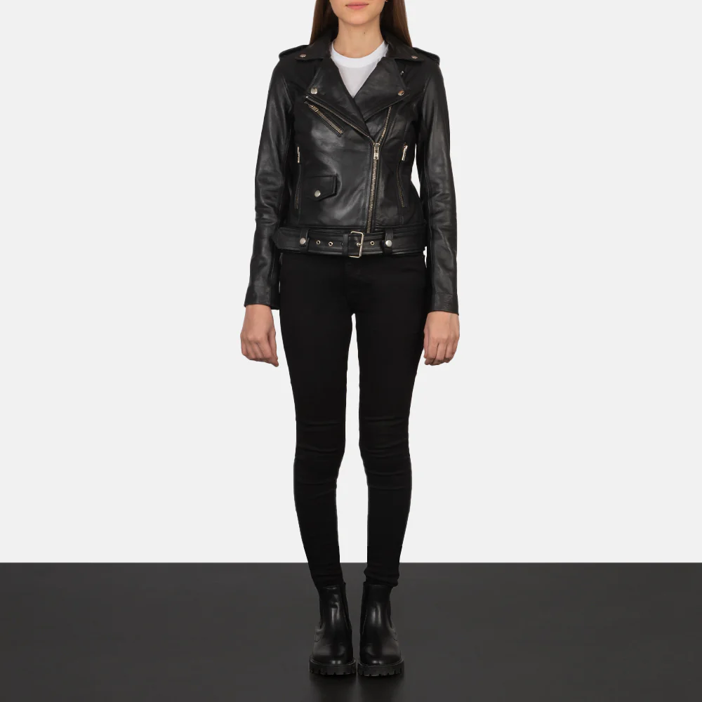 Black Cowhide Biker Jacket – Front View with Notch Collar