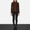 Mocha Suede Biker Jacket – Front View with Zipper Closure