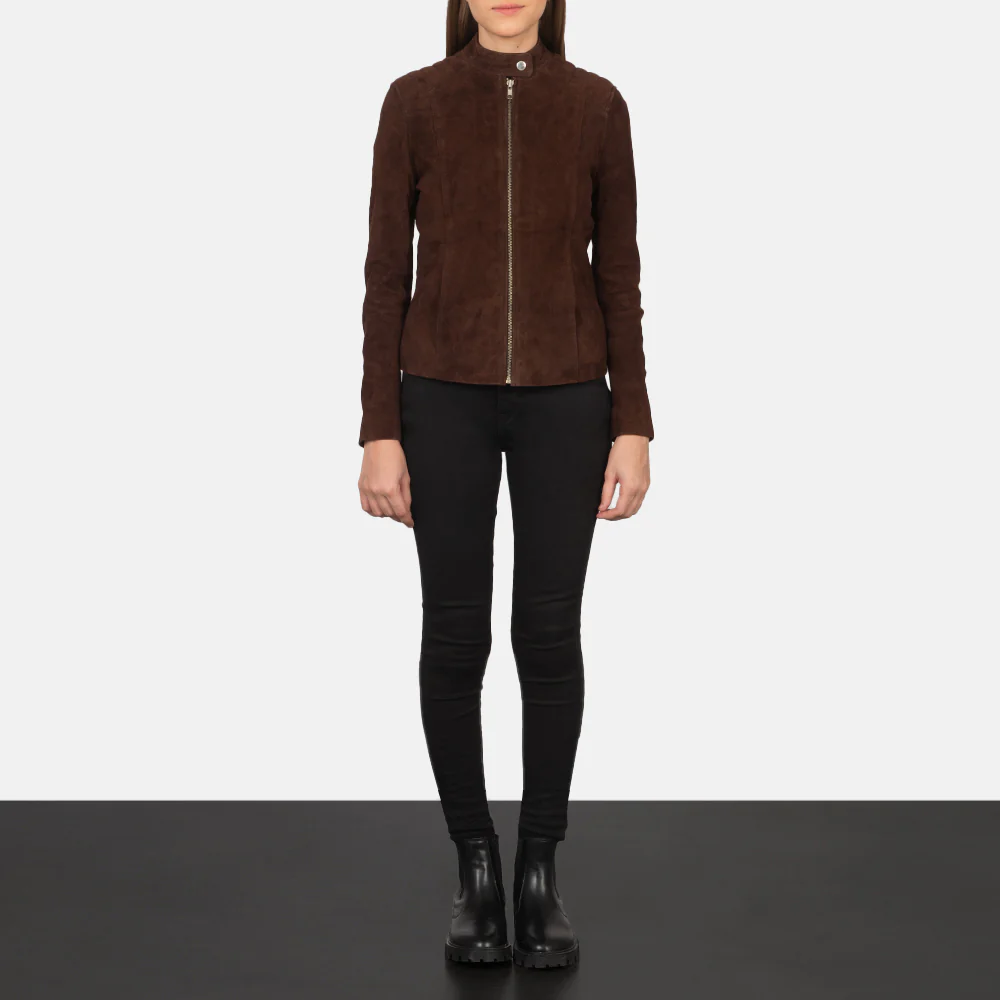 Mocha Suede Biker Jacket – Front View with Zipper Closure