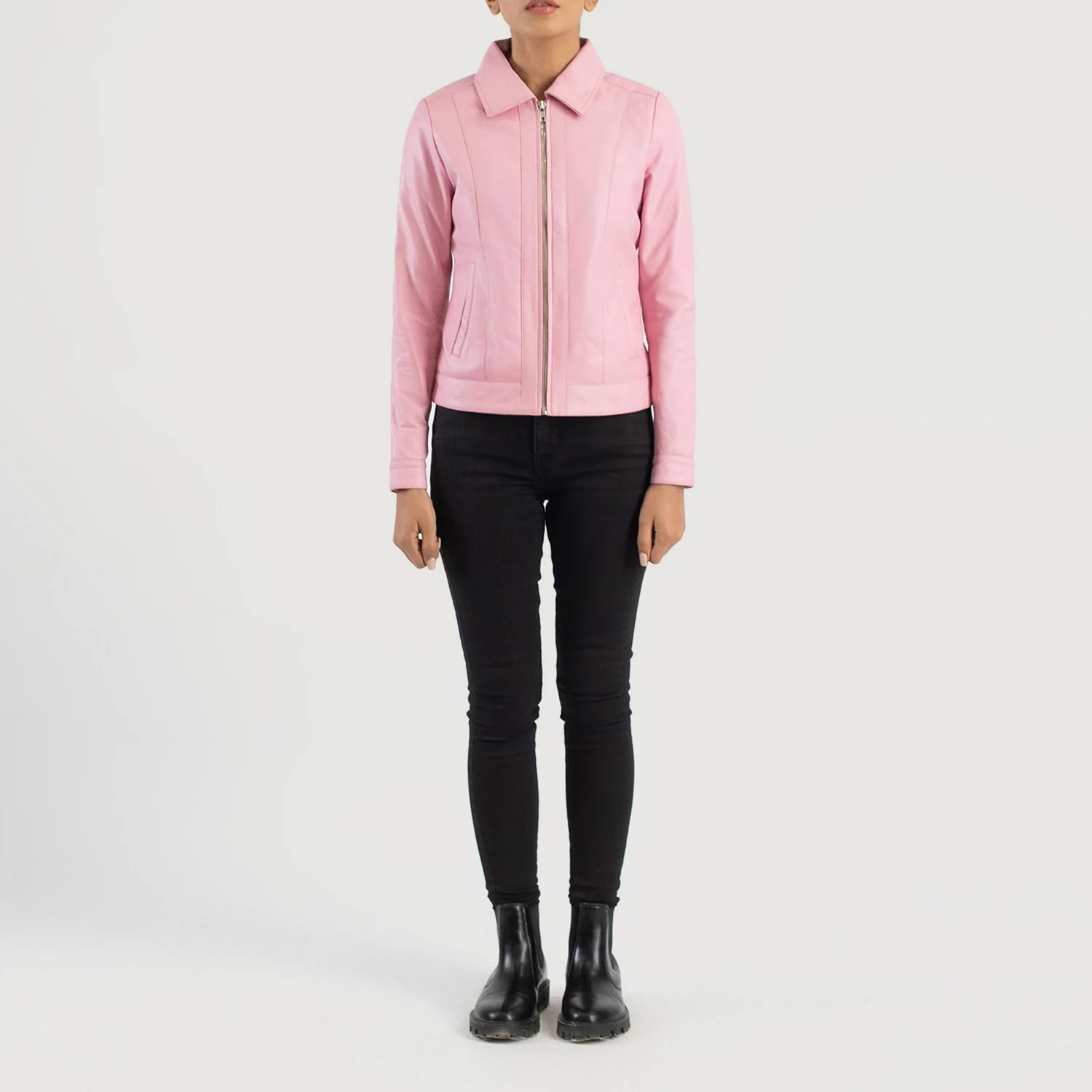 Vixen Pink Leather Jacket – Front View with Shirt Collar