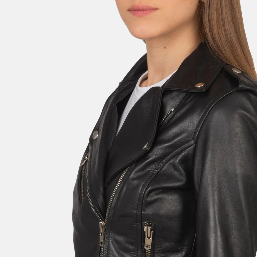Black Cowhide Biker Jacket – Front View with Notch Collar