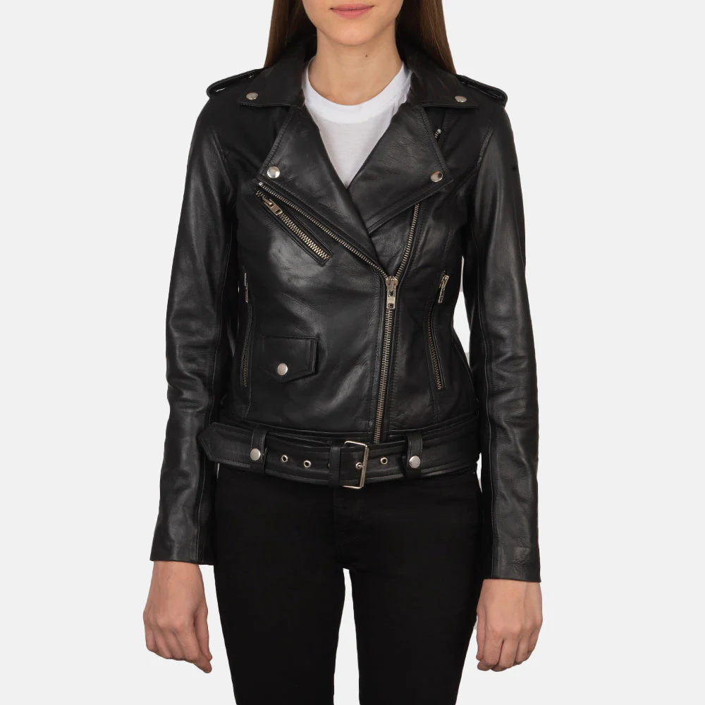 Black Cowhide Biker Jacket – Front View with Notch Collar