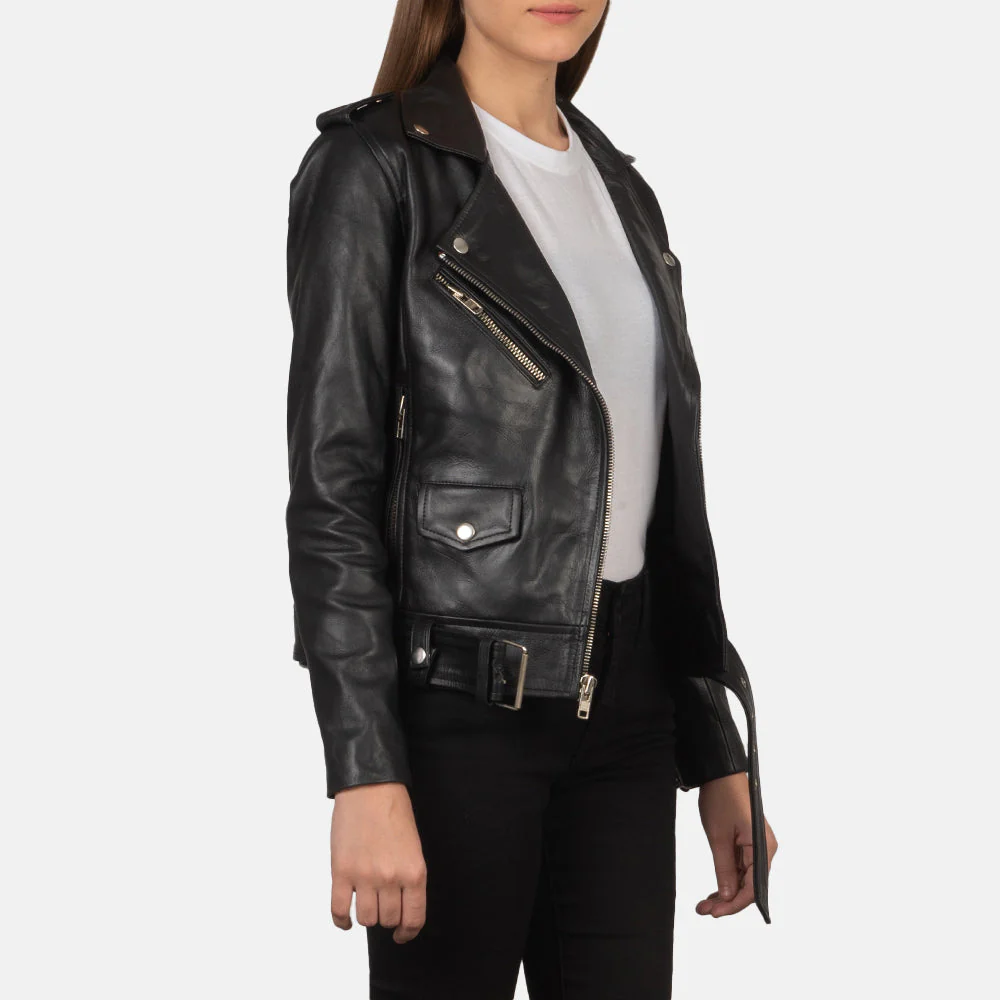 Black Cowhide Biker Jacket – Front View with Notch Collar