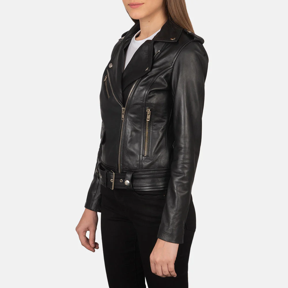 Black Cowhide Biker Jacket – Front View with Notch Collar