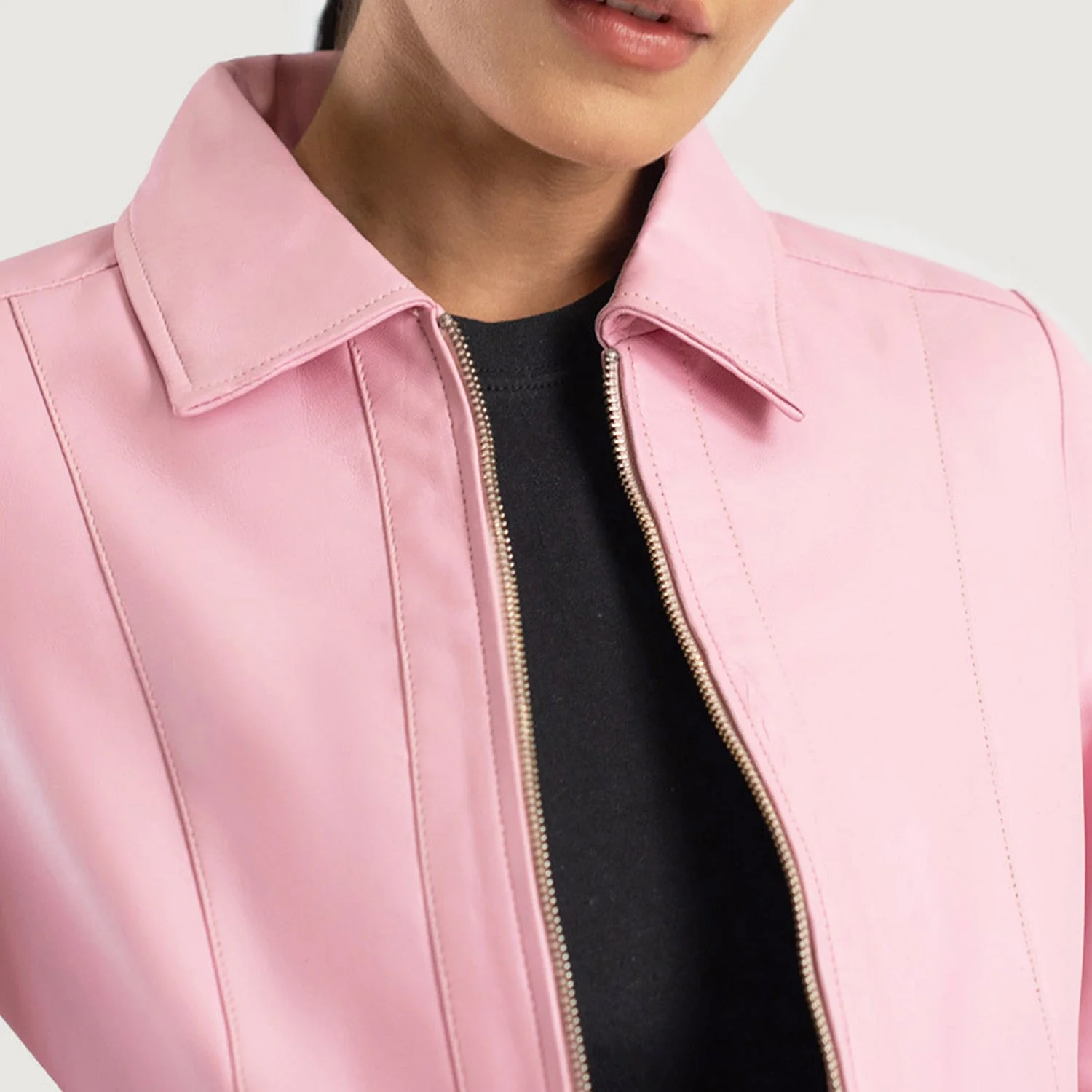 Vixen Pink Leather Jacket – Front View with Shirt Collar