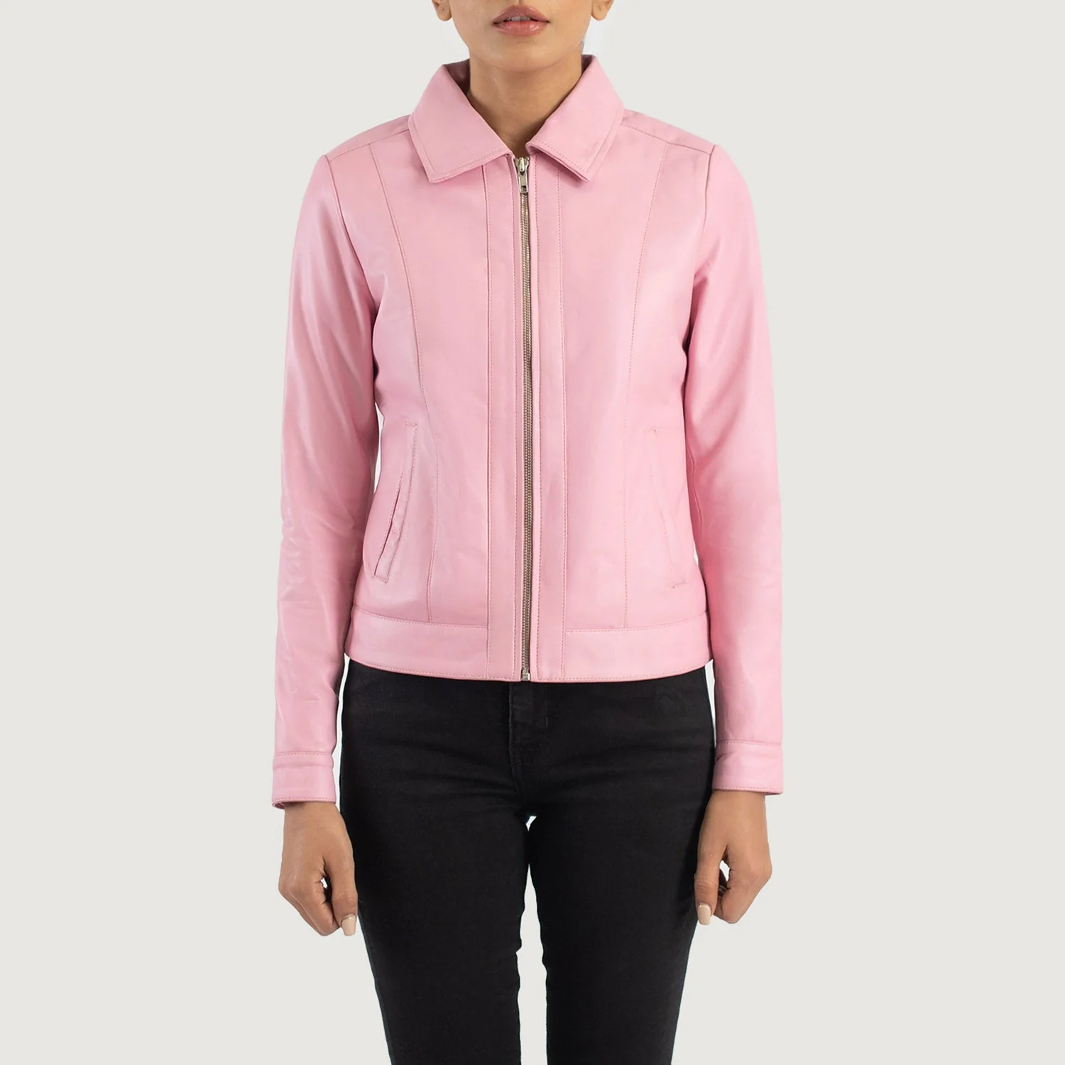 Vixen Pink Leather Jacket – Front View with Shirt Collar
