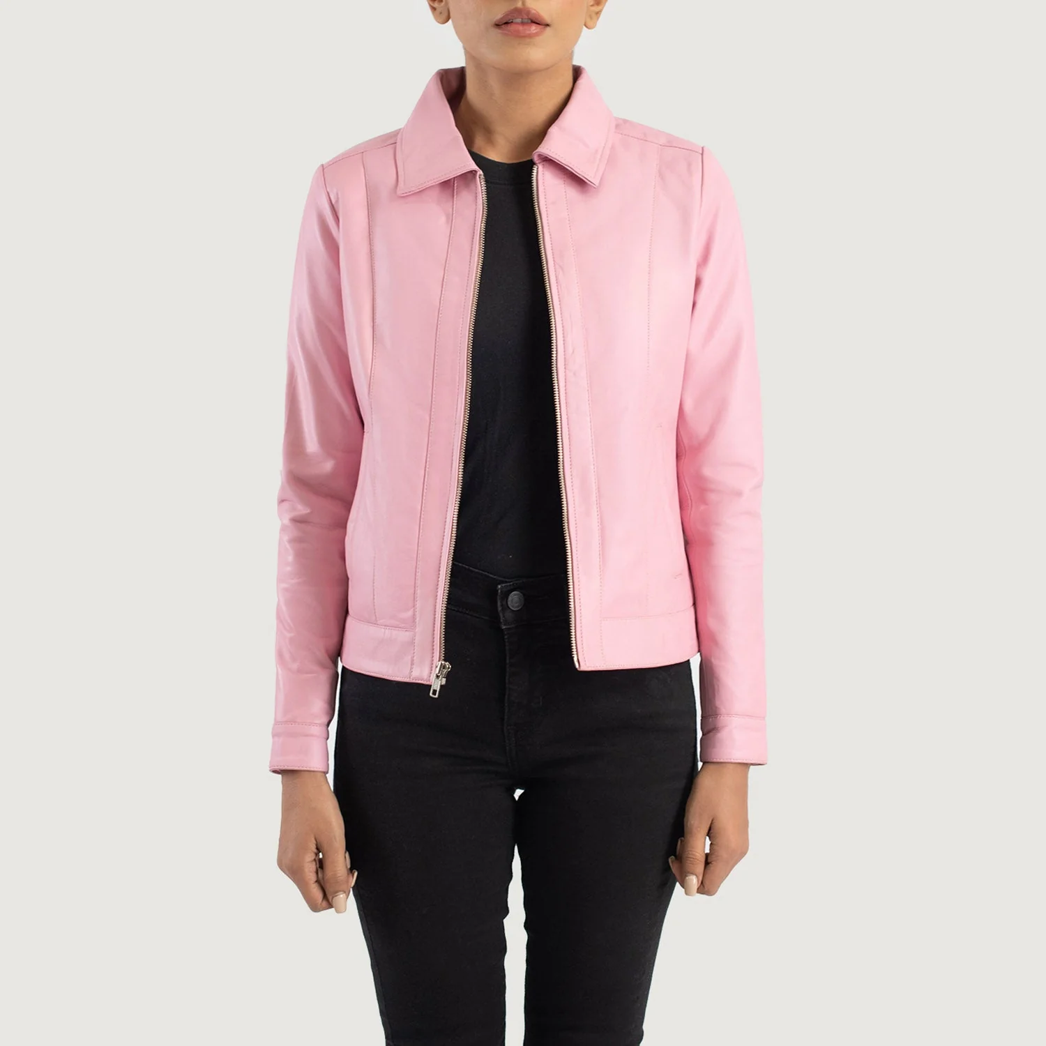 Vixen Pink Leather Jacket – Front View with Shirt Collar