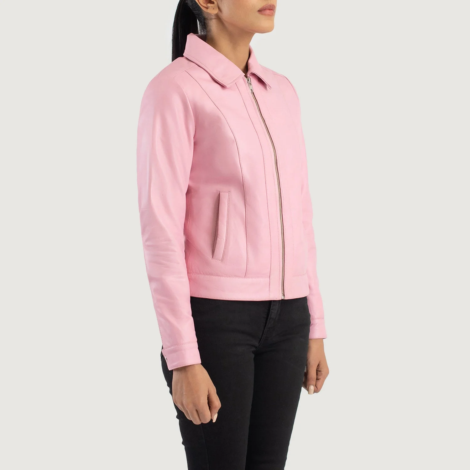 Vixen Pink Leather Jacket – Front View with Shirt Collar