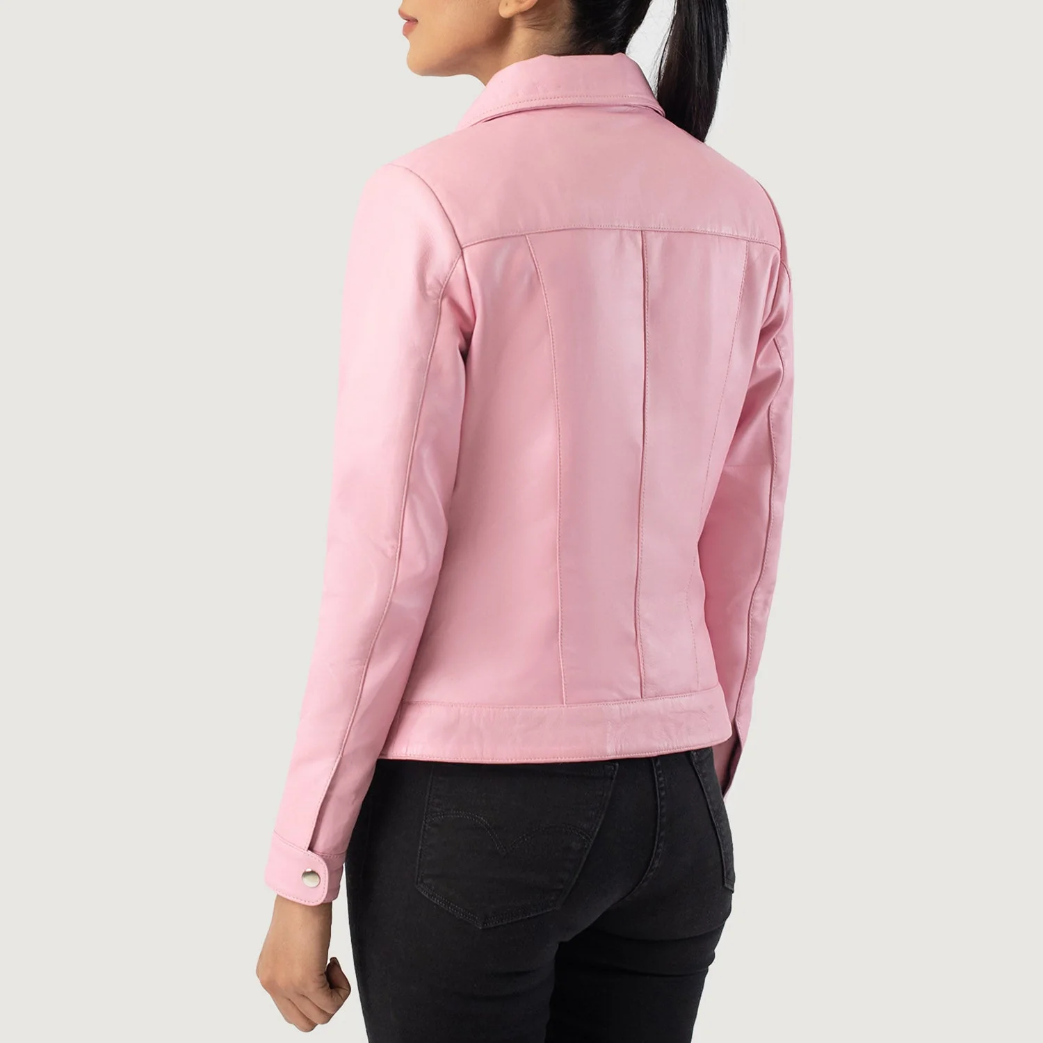 Vixen Pink Leather Jacket – Back View with Shirt Collar