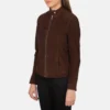 Mocha Suede Biker Jacket – Front View with Zipper Closure