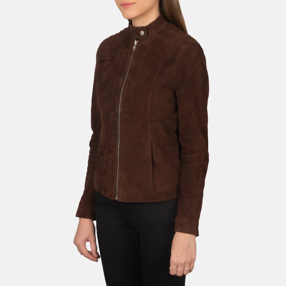 Mocha Suede Biker Jacket – Front View with Zipper Closure