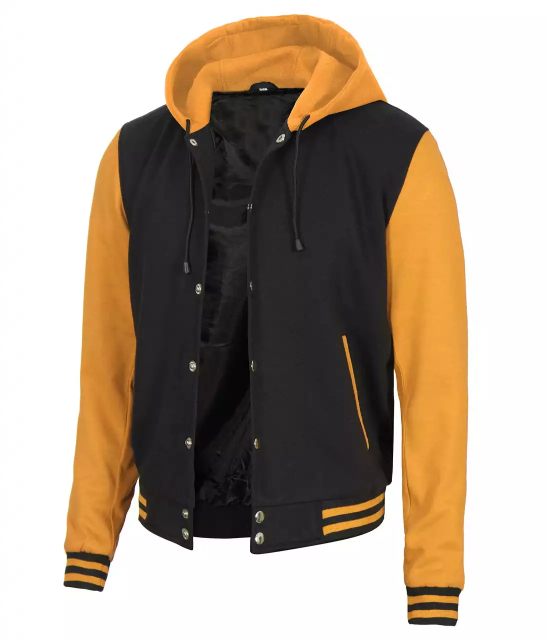 Black and Yellow Varsity Jacket with Hood – Front View