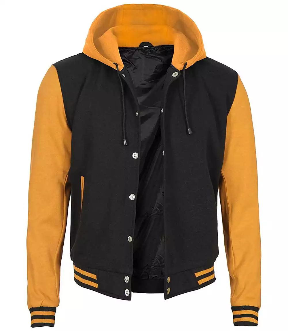 Black and Yellow Varsity Jacket with Hood – Front View