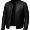Owen Black Café Racer Leather Jacket – Front View with Snap-Tab Collar