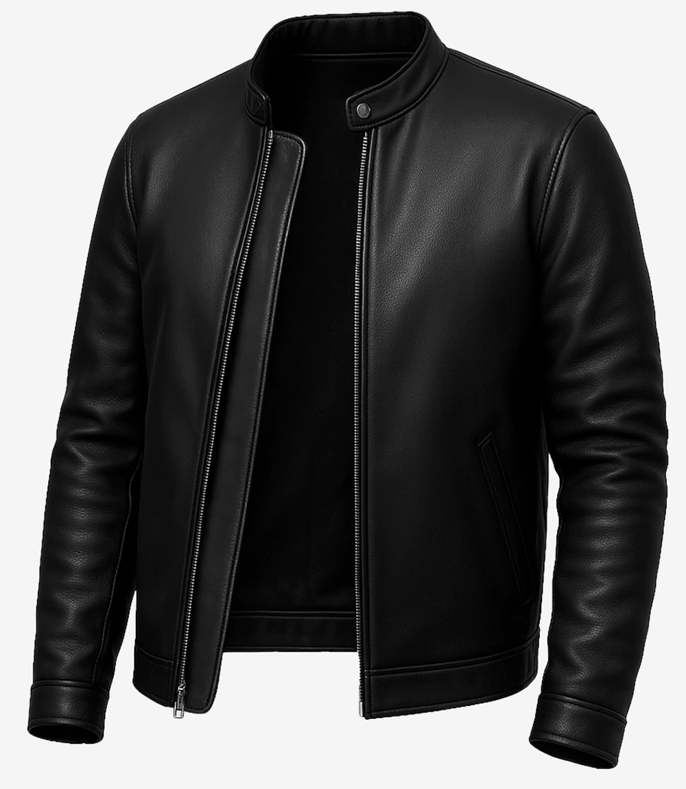 Owen Black Café Racer Leather Jacket – Front View with Snap-Tab Collar