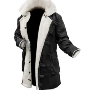 Front View of Bane-Inspired Black Leather Sherpa Winter Coat
