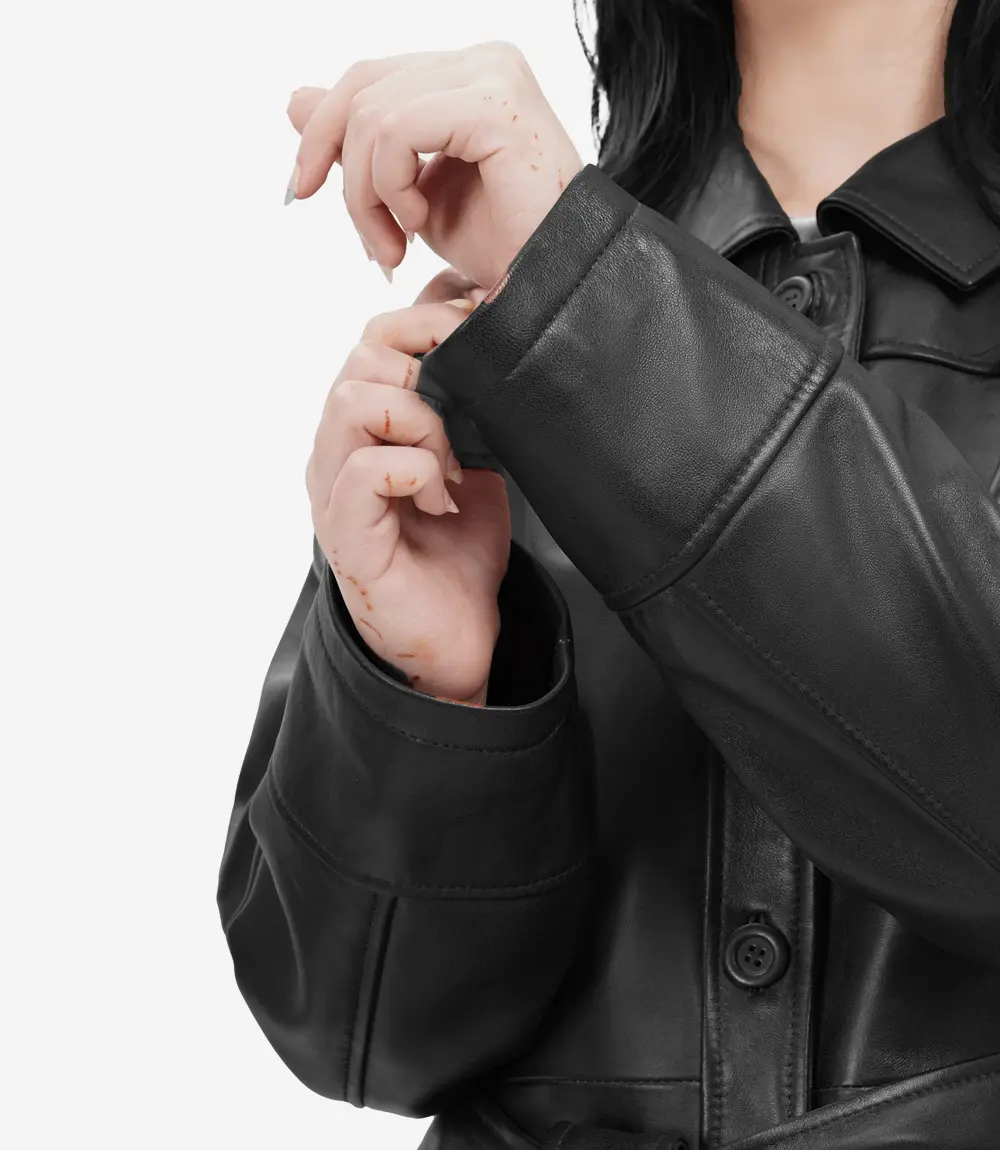 Oversized Leather Jacket with Adjustable Belt and Large Flap Pockets