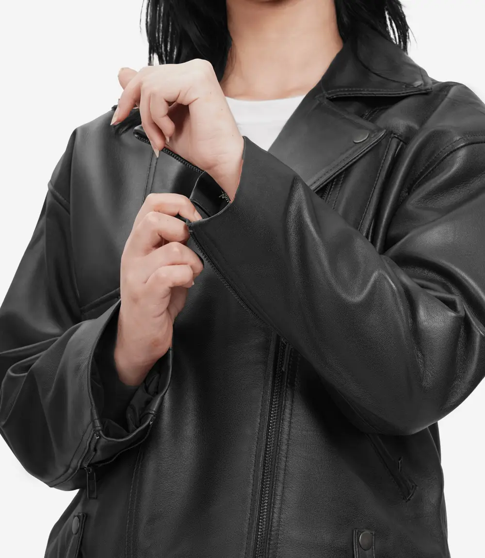 oversized black leather biker jacket with asymmetrical zip