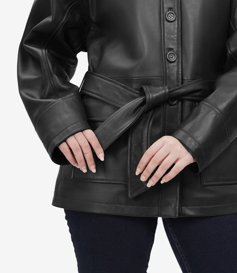 Oversized Leather Jacket with Adjustable Belt and Large Flap Pockets