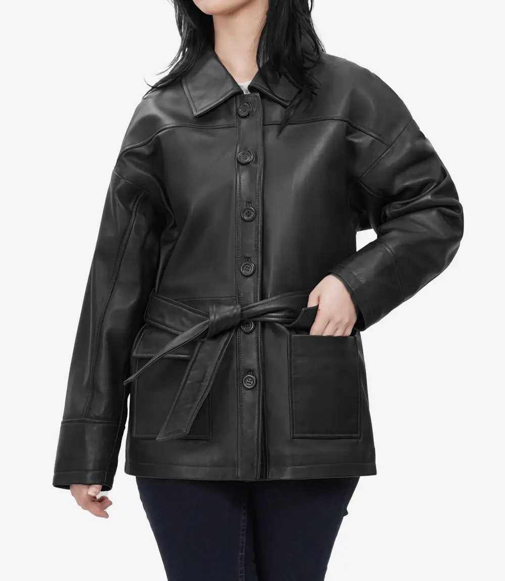 Oversized Leather Jacket with Adjustable Belt and Large Flap Pockets