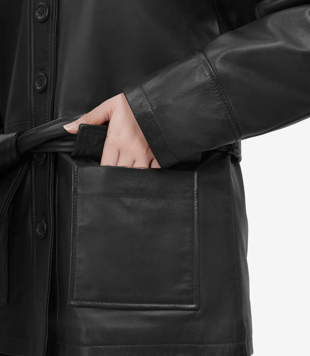 Oversized Leather Jacket with Adjustable Belt and Large Flap Pockets