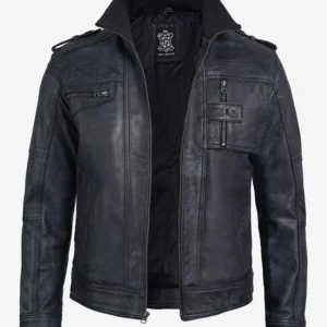 Black Leather Biker Jacket – Front View with Zipper Closure