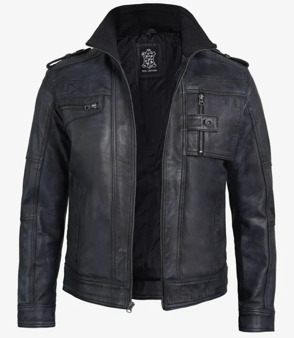Black Leather Biker Jacket – Front View with Zipper Closure