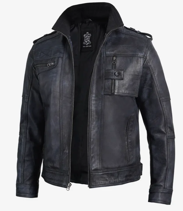 Black Leather Biker Jacket – Front View with Zipper Closure