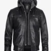 Black Leather Bomber Jacket – Front View with Hood Attached