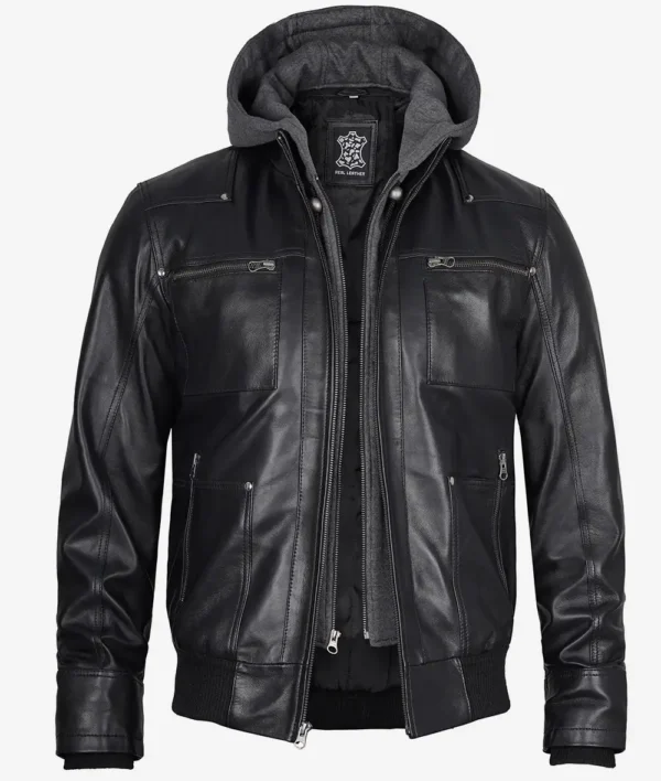 Black Leather Bomber Jacket – Front View with Hood Attached