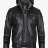 Black Leather Bomber Jacket – Front View with Hood Attached