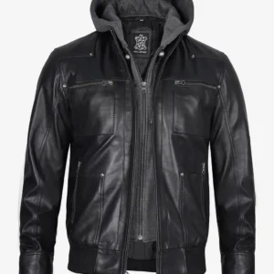 Black Leather Bomber Jacket – Front View with Hood Attached