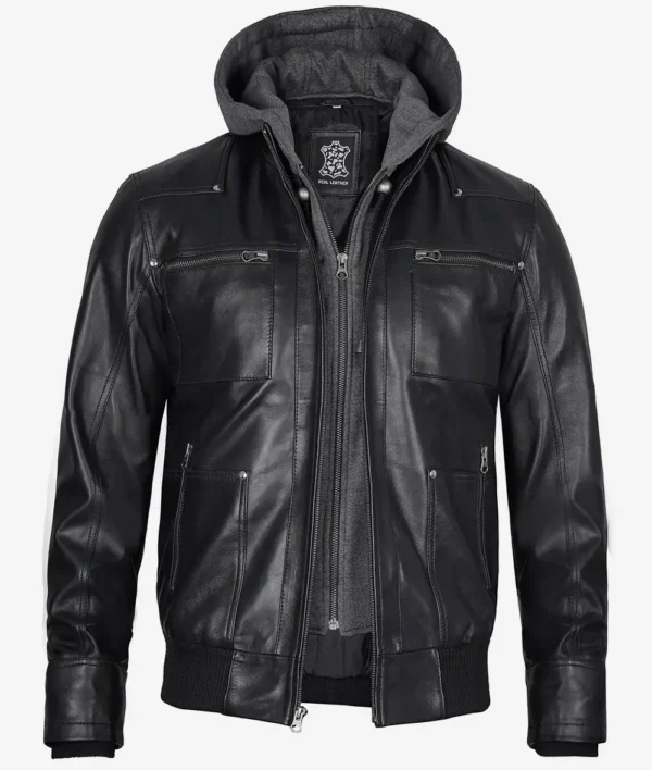 Black Leather Bomber Jacket – Front View with Hood Attached