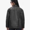 Relaxed Fit of Black Oversized Leather Trucker Jacket with Adjustable Waist