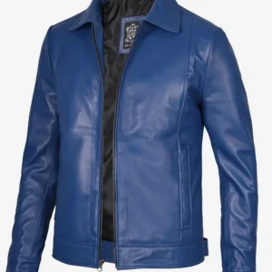 Classic Blue Leather Jacket – Front View with Shirt Collar and Zip Closure