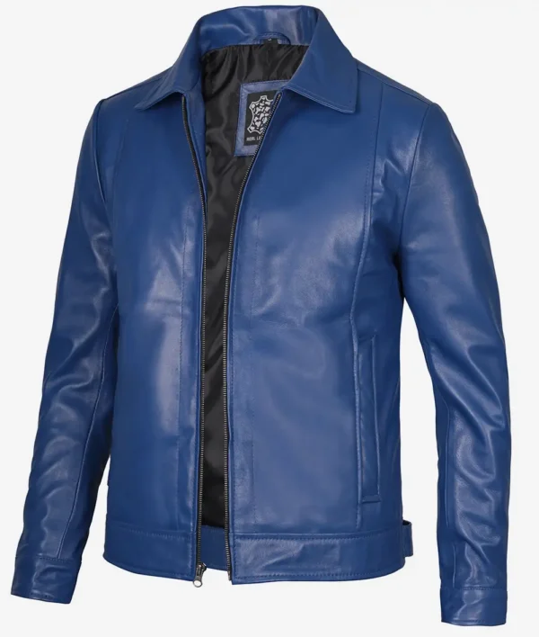 Classic Blue Leather Jacket – Front View with Shirt Collar and Zip Closure