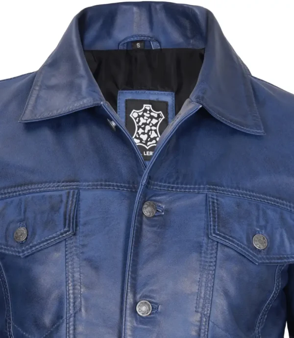 Blue Leather Trucker Jacket – Button Front with Shirt Collar