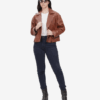 Cognac Brown Oversized Leather Biker Jacket with Epaulets
