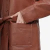 Oversized Leather Jacket with Adjustable Belt and Flap Pockets in Cognac Brown