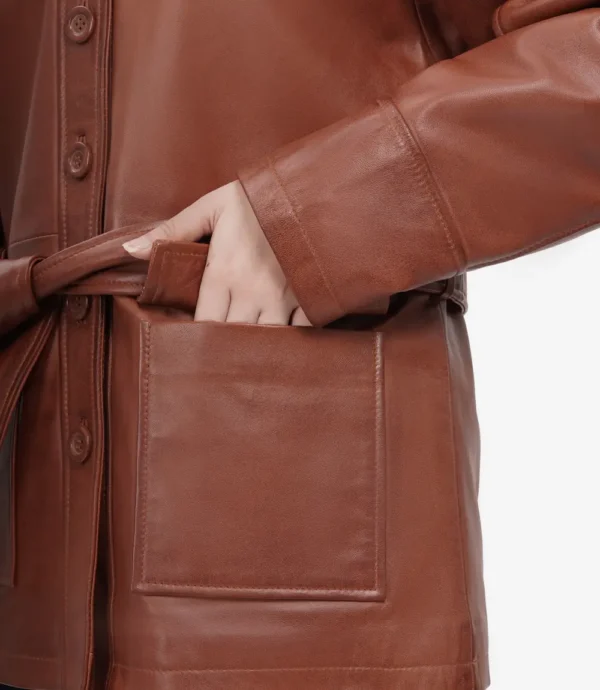 Oversized Leather Jacket with Adjustable Belt and Flap Pockets in Cognac Brown