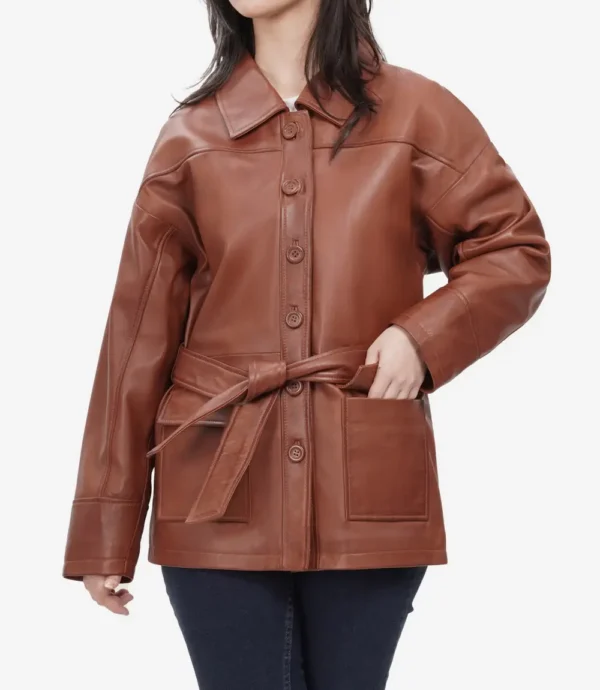 Oversized Leather Jacket with Adjustable Belt and Flap Pockets in Cognac Brown