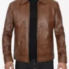 Reeves Men's Chocolate Brown Leather Jacket – Front View with Zip Closure