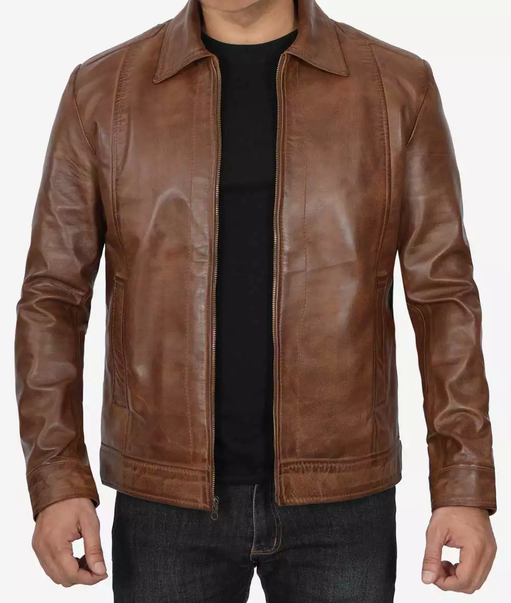 Reeves Men's Chocolate Brown Leather Jacket – Front View with Zip Closure