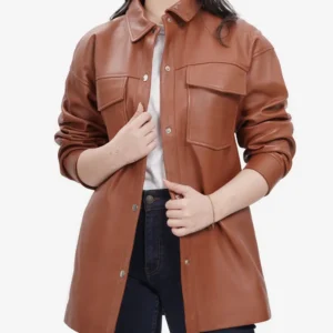 Relaxed Fit of Cognac Brown Oversized Leather Jacket with Full-Length Sleeves