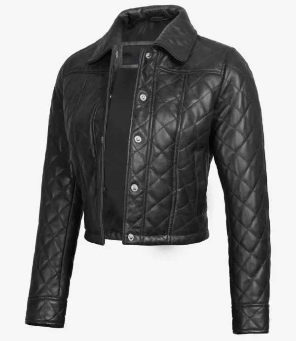 Diamond-Stitched Quilted Pattern on Black Leather Jacket