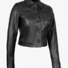 Black Cropped Leather Jacket – Front View with Shirt Collar
